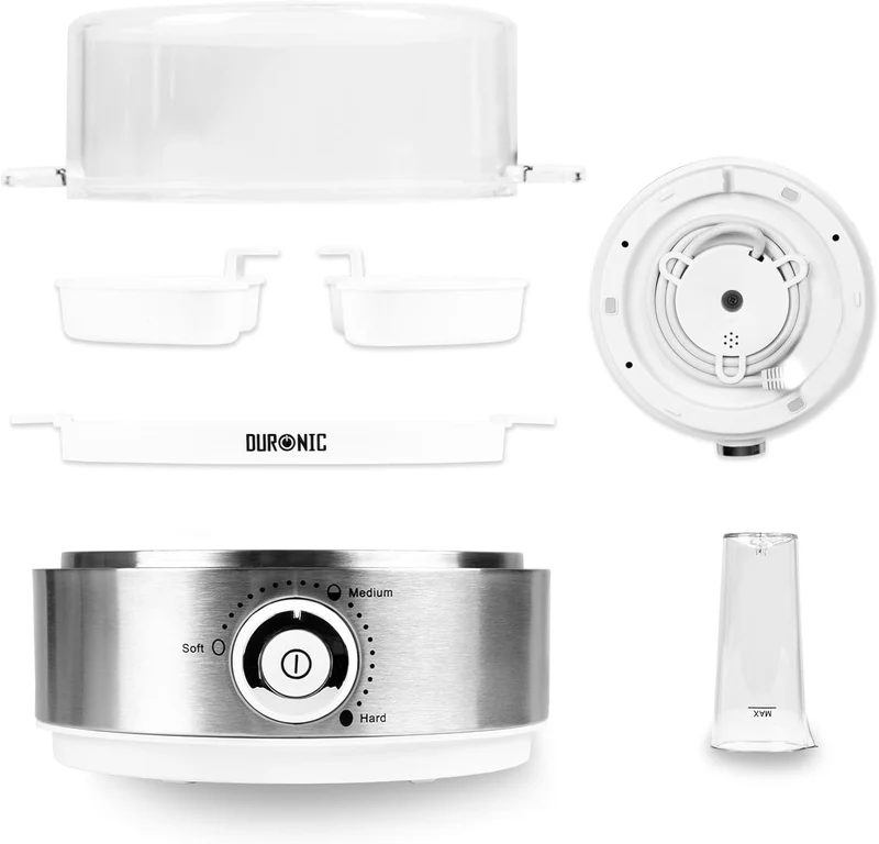 Duronic EB40 WE Cuociuova elettrico 400W Cuoci uova fino a 7 uova Bollitore uova per uova Sode Medie Alla coque Cuocitore di Uova con 2 vassoi per Frittata e uovo in camicia Omelet maker Egg cooker