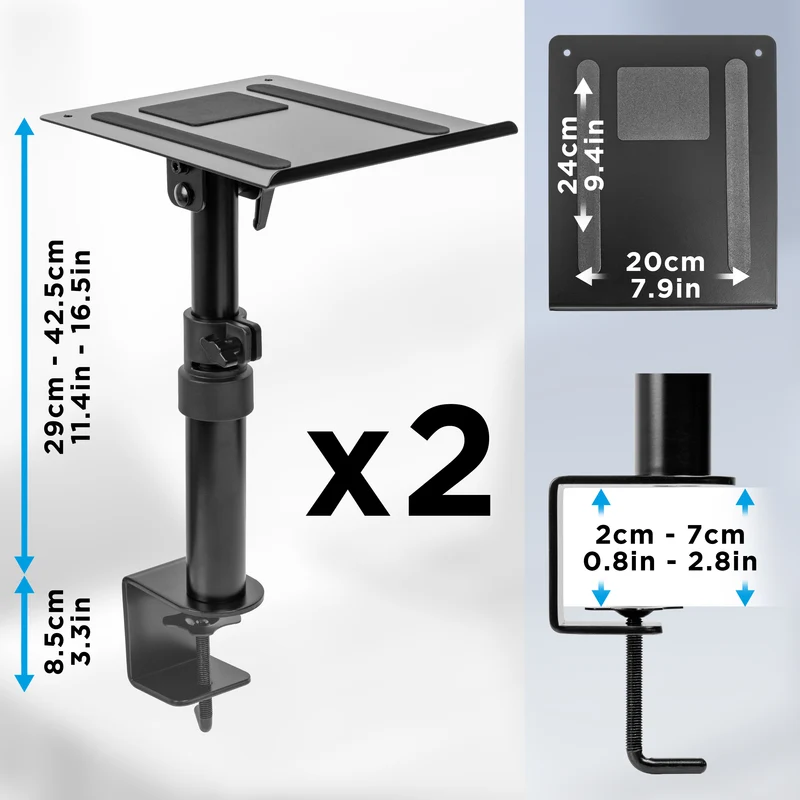 Duronic SPS25 2 Supporti per Altoparlanti da tavolo | Altezza regolabile da 26,4 a 40,5 cm | Inclinazione e rotazione | Vassoio 24 x 20 cm | Morsetto di fissaggio | Home Cinema Studio di registrazione