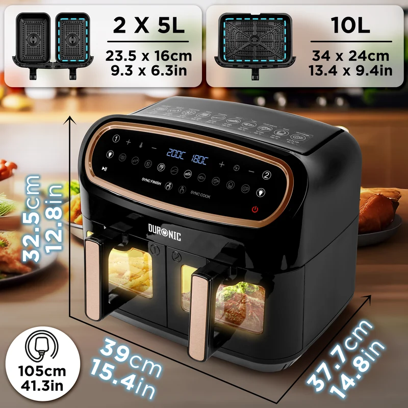 Duronic AF34 BG Friggitrice ad Aria, Air Fryer 2400W Compatta, Friggitrice con cestello grande 10L, Friggitrice senza olio 10in1, Friggitrice per patatine, pollo, verdure, cotolette, polpette, pesce