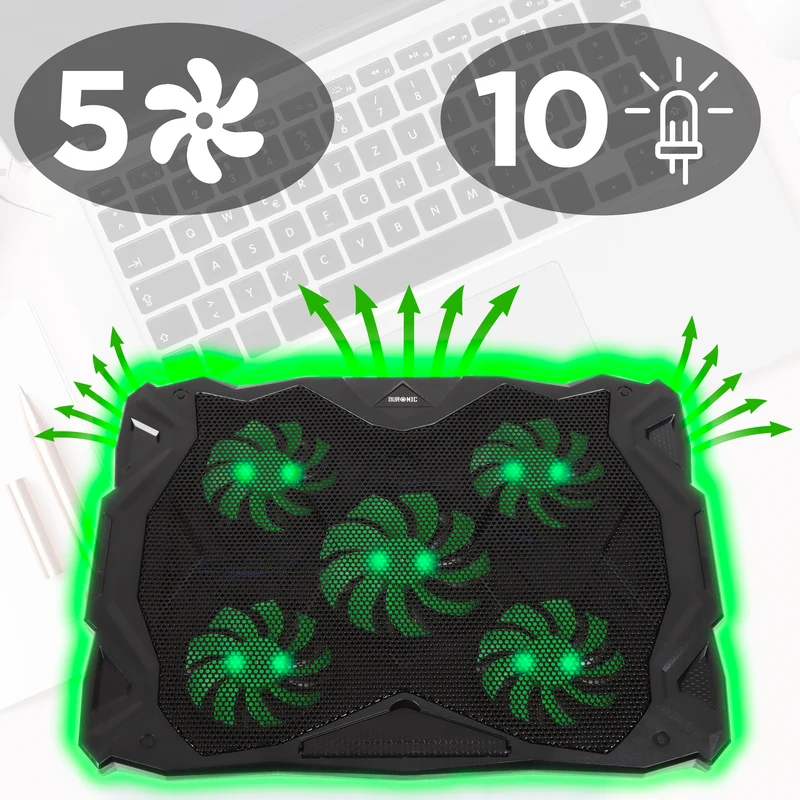 Duronic LC1 Laptop Cooling Pad Raffreddatore ergonomico per laptop con 5 ventole di raffreddamento silenziose, leggero, regolabile in altezza e con luci LED, perfetto per lavoro, studio e il gioco