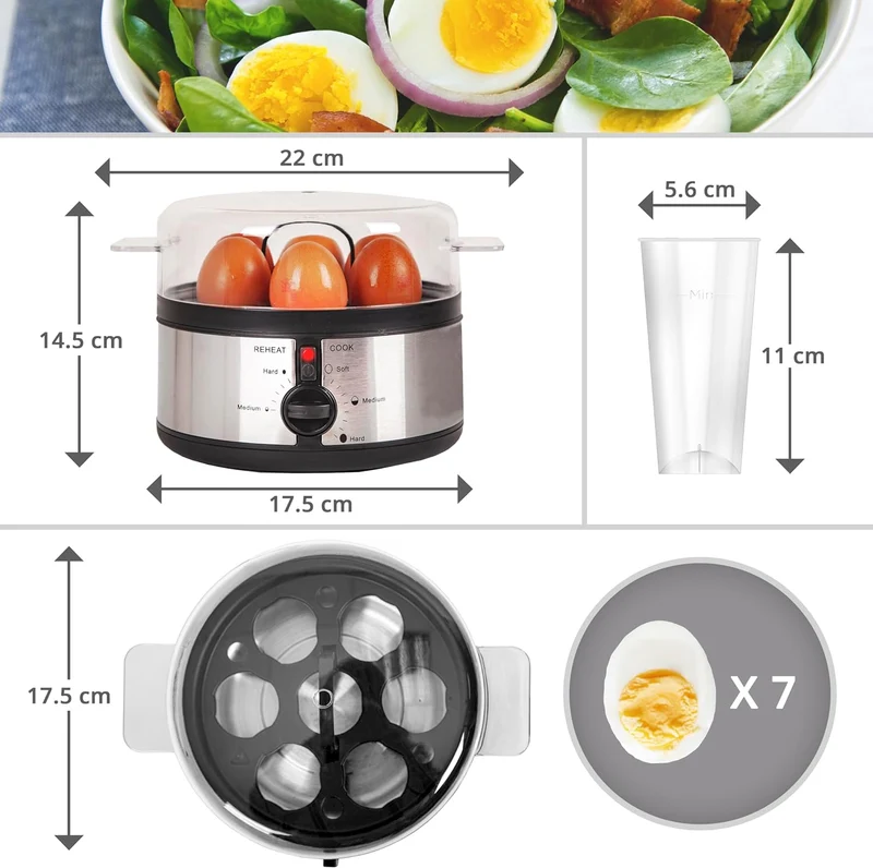 Duronic EB35 BK Cuociuova elettrico, 350W Cuoci uova fino a 7 uova, Bollitore uova per uova Sode Medie Alla coque, Cuocitore di Uova con 2 vassoi per Frittata uovo in camicia Omelet maker, Egg cooker
