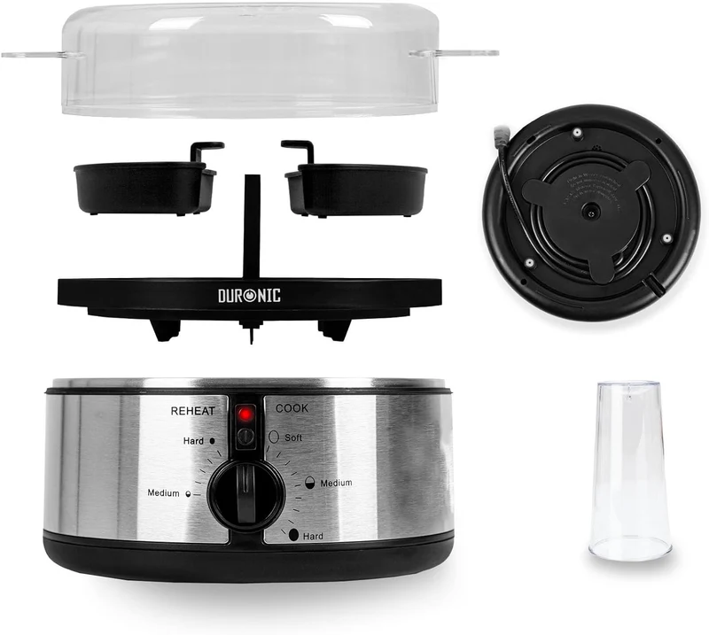 Duronic EB35 BK Cuociuova elettrico, 350W Cuoci uova fino a 7 uova, Bollitore uova per uova Sode Medie Alla coque, Cuocitore di Uova con 2 vassoi per Frittata uovo in camicia Omelet maker, Egg cooker