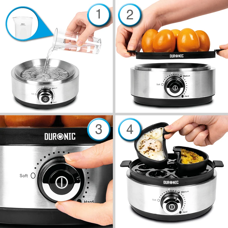 Duronic EB40 BK Cuociuova elettrico, 400W Cuoci uova fino a 7 uova, Bollitore uova per uova Sode Medie Alla coque Cuocitore di Uova, 2 vassoi per Frittata e uovo in camicia, Omelet maker Egg cooker