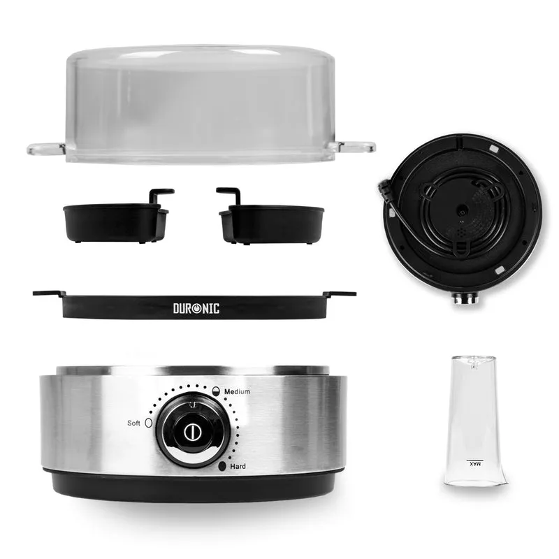 Duronic EB40 BK Cuociuova elettrico, 400W Cuoci uova fino a 7 uova, Bollitore uova per uova Sode Medie Alla coque Cuocitore di Uova, 2 vassoi per Frittata e uovo in camicia, Omelet maker Egg cooker