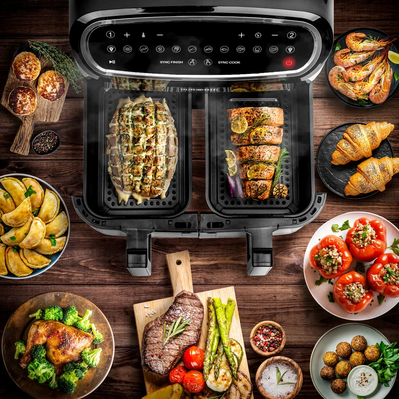 Duronic AFD2 BK 10L Set 2 Cestelli per Friggitrice ad Aria da 5L, Compatibili con Airfryer Duronic AF14, AF24 (nuova generazione) e AF34 – Accessorio Cassetti di Ricambio con Finestra e Luce Interna