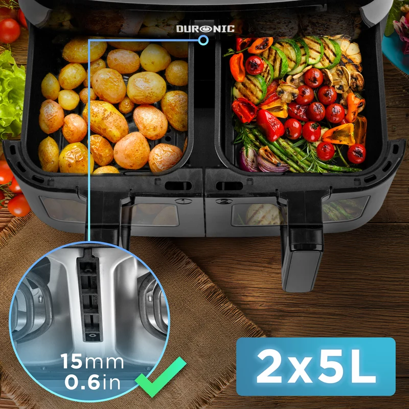 Duronic AFD2 BK 10L Set 2 Cestelli per Friggitrice ad Aria da 5L, Compatibili con Airfryer Duronic AF14, AF24 (nuova generazione) e AF34 – Accessorio Cassetti di Ricambio con Finestra e Luce Interna