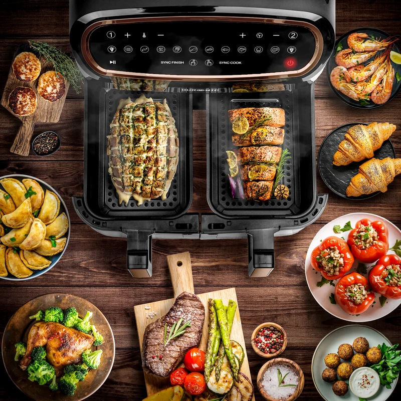 Duronic AFD2 BG Set 2 Cestelli di Cottura da 5 Litri per Friggitrice ad Aria, Compatibili Solo con i Modelli Duronic AF14, AF24, AF34, Accessorio per Airfryer a Doppio Cassetto, Nero e Oro