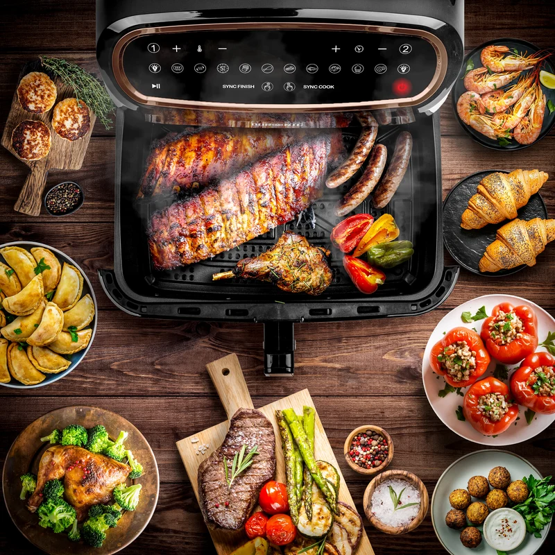 Duronic AFD1 BG Cassetto grande per friggitrice ad aria Duronic AF14, AF24 e AF34, Vassoio di cottura 10L, Contenitore per friggitrice ad aria a doppia zona, Carne sana, Opzione Sync Cook, Nero e Oro