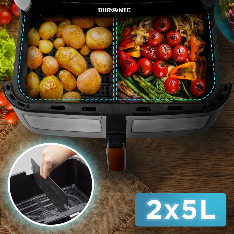 Duronic AFD1 BG Cassetto grande per friggitrice ad aria Duronic AF14, AF24 e AF34, Vassoio di cottura 10L, Contenitore per friggitrice ad aria a doppia zona, Carne sana, Opzione Sync Cook, Nero e Oro
