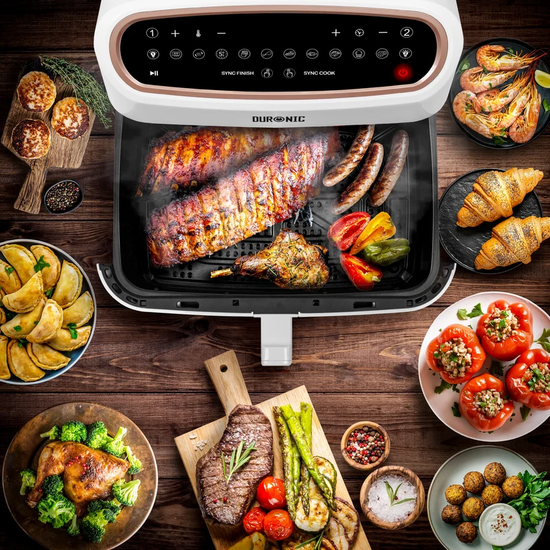 Duronic AFD1 WE Cassetto grande per friggitrice ad aria AF14, AF24 e AF34, Vassoio di cottura 10L, Contenitore per friggitrice ad aria, Carne sana per tutta la famiglia, Opzione Sync Cook, Bianco