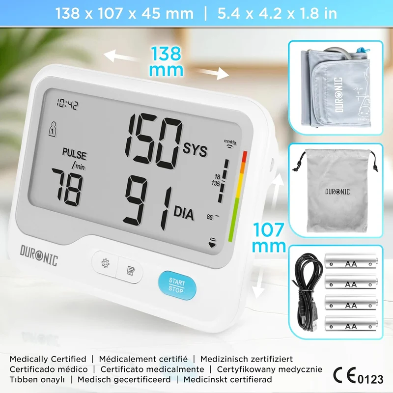 Duronic BPM125 Misuratore di Pressione da Braccio Digitale, Sfigmomanometro Automatico con Bracciale Regolabile, Memoria, Display Luminoso,Rilevazione Aritmie, 4 Batterie AA Incluse