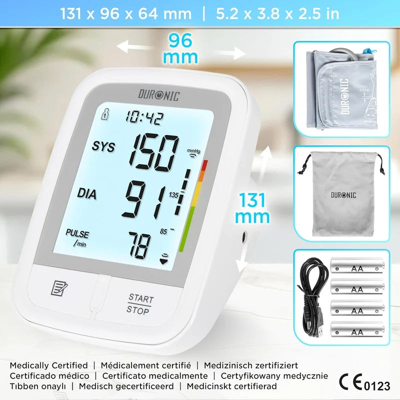 Duronic BPM95 Misuratore di Pressione da Braccio Digitale, Sfigmomanometro Automatico con Bracciale Regolabile, Memoria e Rilevazione Aritmie, 4 Batterie AA Incluse, Preciso e Facile da Usare