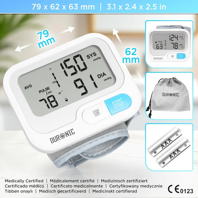 Duronic BPM65 WE Misuratore Pressione da Polso Digitale Automatico, Sfigmomanometro Portatile, Display Retroilluminato, Memoria, Rilevazione Aritmie, Misura Pressione Arteriosa, Battito, Bianco