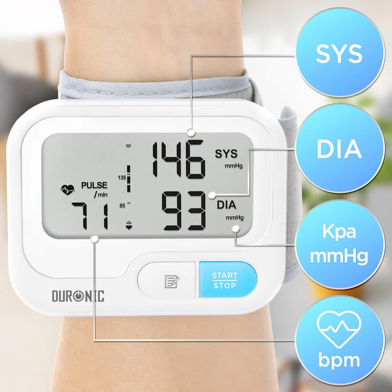 Duronic BPM65 WE Misuratore Pressione da Polso Digitale Automatico, Sfigmomanometro Portatile, Display Retroilluminato, Memoria, Rilevazione Aritmie, Misura Pressione Arteriosa, Battito, Bianco