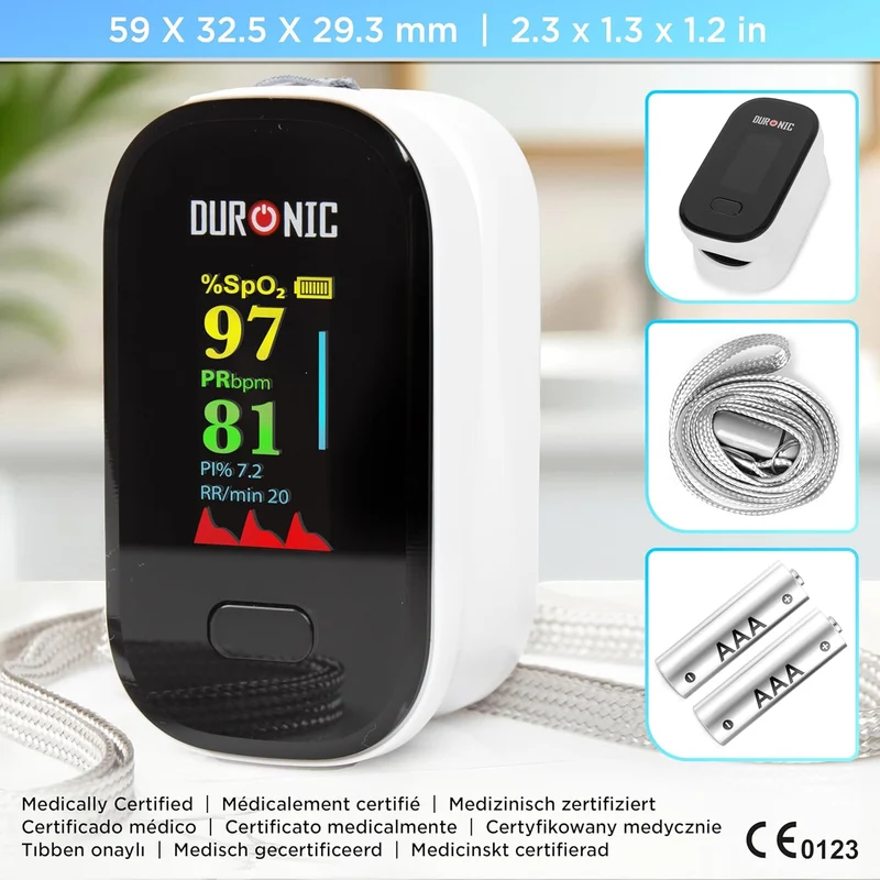 Duronic OX02 Pulsossimetro da Dito Professionale, Saturimetro Portatile con Display LED, Ossimetro Misura Saturazione Ossigeno, Frequenza Cardiaca, Per Anziani, Bambini, Sportivi, Custodia Inclusa