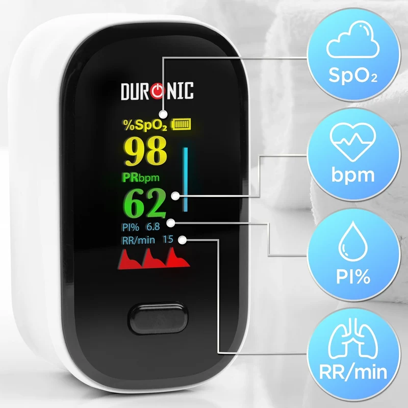 Duronic OX02 Pulsossimetro da Dito Professionale, Saturimetro Portatile con Display LED, Ossimetro Misura Saturazione Ossigeno, Frequenza Cardiaca, Per Anziani, Bambini, Sportivi, Custodia Inclusa