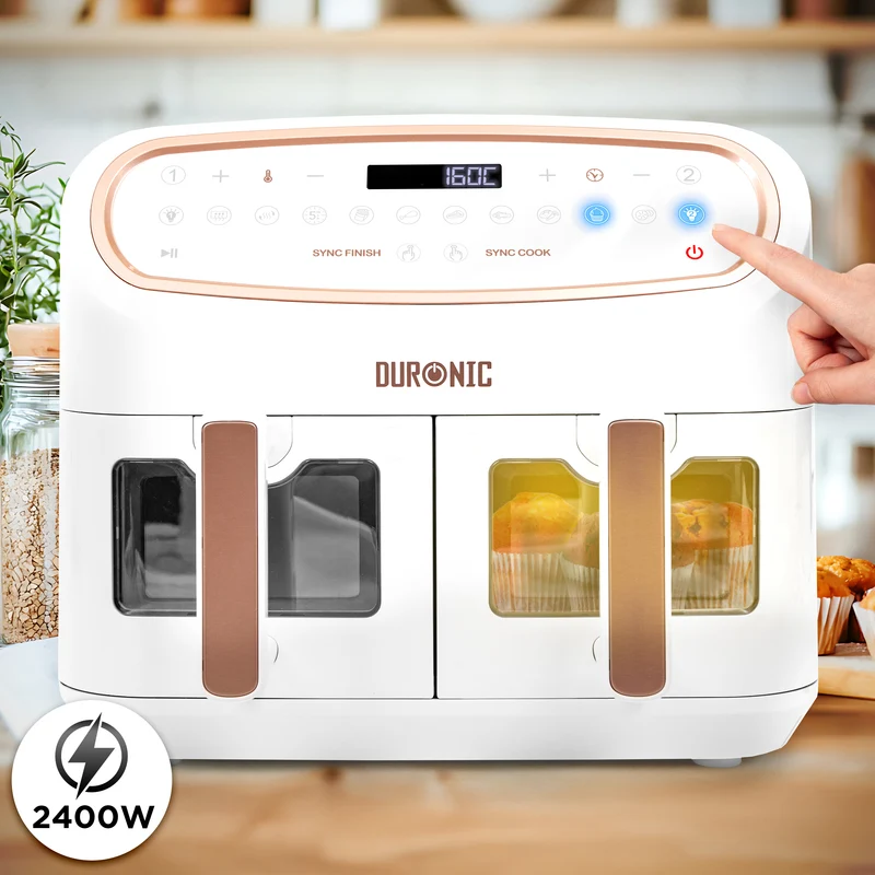 Duronic AF34 WE Friggitrice ad Aria extra grande, Air Fryer 2400W, 2 cestelli da 5L e 1 Cestello da 10L, Friggitrice senza olio 10in1, Friggitrice ad aria calda con finestra di controllo, Friggitrice
