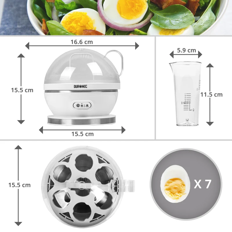 Duronic EB27 WE Cuociuova 400W, Fino a 7 uova, Sode, alla coque o medie, Cuoci uova, Bollitore uova con Funzione mantenimento in caldo, Misurino e coppette per cottura in camicia