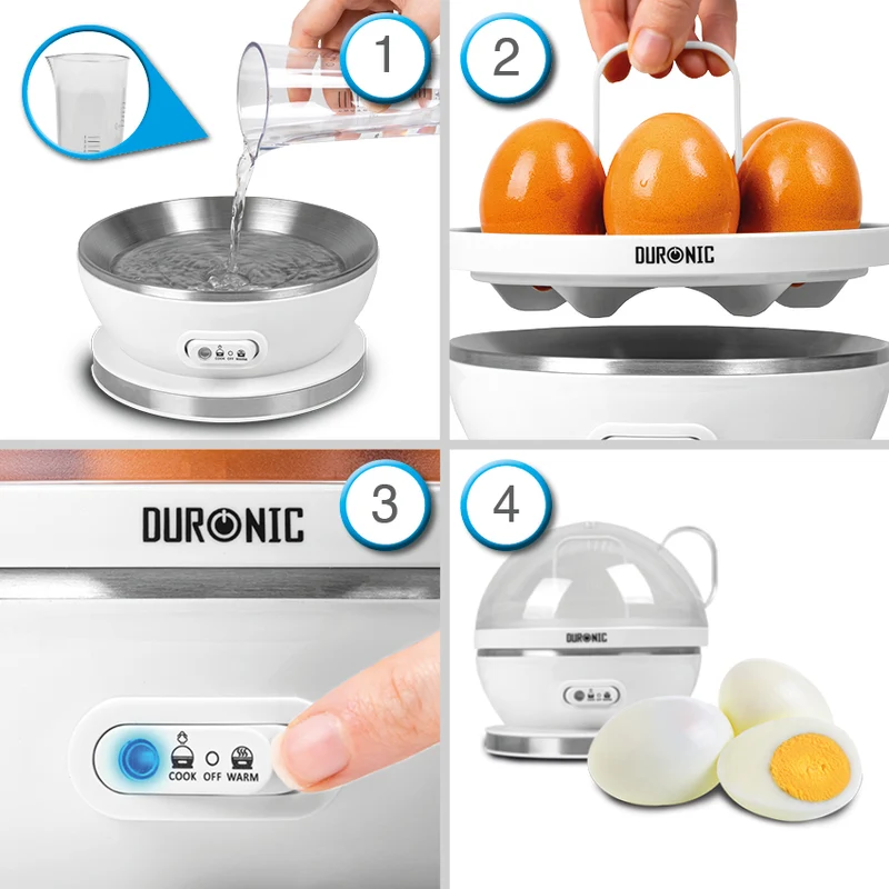 Duronic EB27 WE Cuociuova 400W, Fino a 7 uova, Sode, alla coque o medie, Cuoci uova, Bollitore uova con Funzione mantenimento in caldo, Misurino e coppette per cottura in camicia