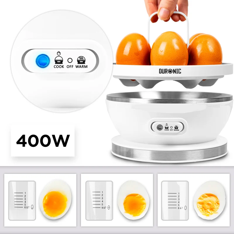 Duronic EB27 WE Cuociuova 400W, Fino a 7 uova, Sode, alla coque o medie, Cuoci uova, Bollitore uova con Funzione mantenimento in caldo, Misurino e coppette per cottura in camicia