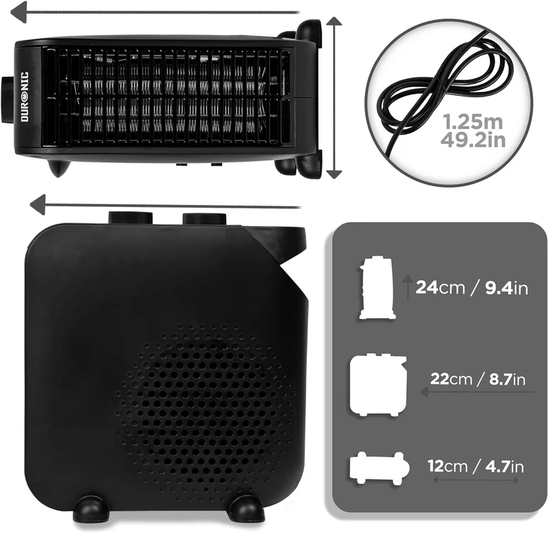 Duronic HV21 Termoventilatore Elettrico 2000W, 1200W/2000W, Stufetta Elettrica con Funzione Aria Fredda, Uso Verticale o Orizzontale, Protezione da Surriscaldamento, Stufa Portatile Casa Ufficio