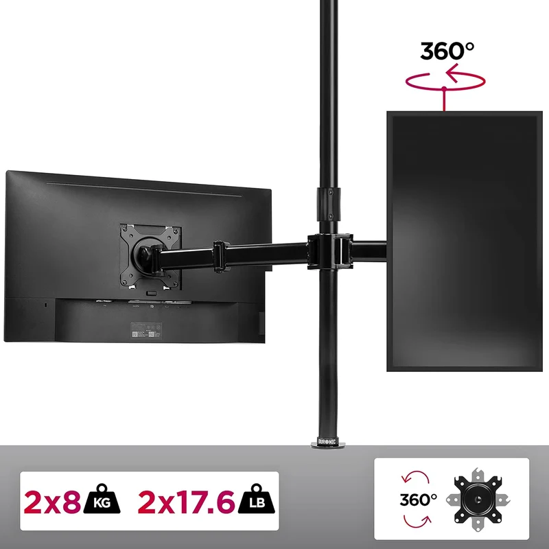 Duronic DMT252VX1 BK Supporto Monitor doppio per 2 schermi da 13-32 pollici, Braccio monitor PC ergonomico fino 8kg, VESA 75/100, regolabile altezza inclinazione girevole, per ufficio casa, nero