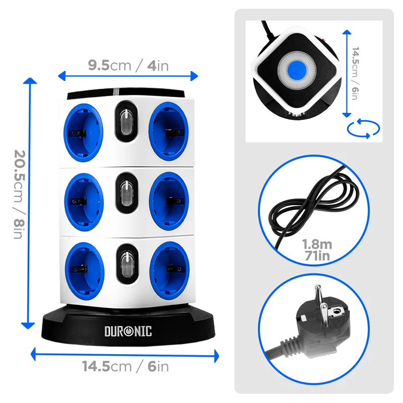 Duronic ET12L Multipresa Torre 3680W con 12 Prese Schuko, 3 USB, Luce LED Notturna Touch, Ciabatta Elettrica Verticale, Protezione Sovraccarico, Cavo 1.8m, Torre Multipresa USB Casa Ufficio Gaming TV