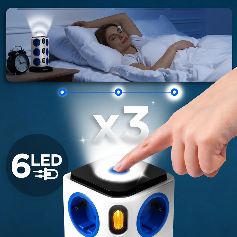 Duronic ET12L Multipresa Torre 3680W con 12 Prese Schuko, 3 USB, Luce LED Notturna Touch, Ciabatta Elettrica Verticale, Protezione Sovraccarico, Cavo 1.8m, Torre Multipresa USB Casa Ufficio Gaming TV