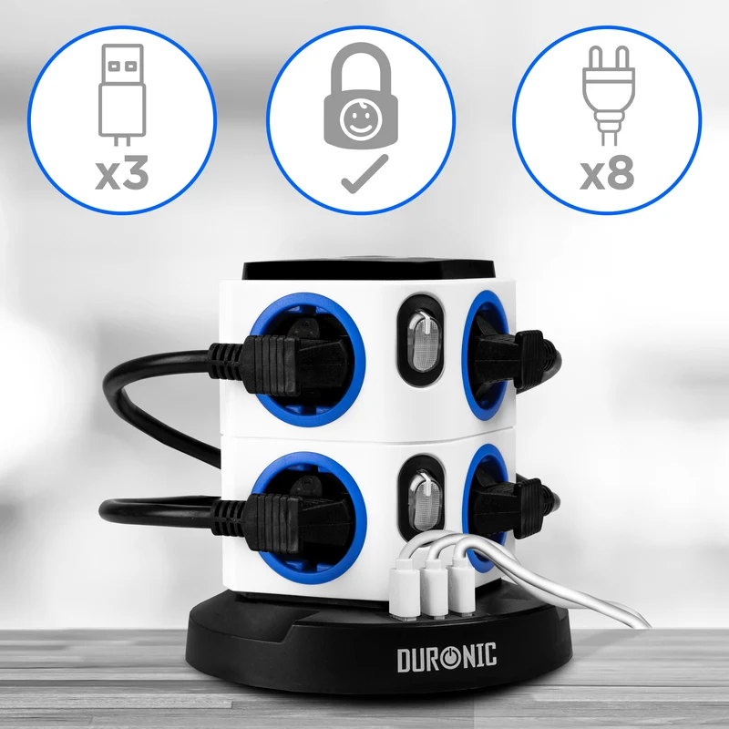 Duronic ET8L Multipresa Torre 3680W con 8 Prese Schuko + 3 USB + Luce LED Notturna Touch, Ciabatta Elettrica Verticale con Protezione Sovraccarico e Cavo 1.8m, Torre Multipresa USB Casa Ufficio