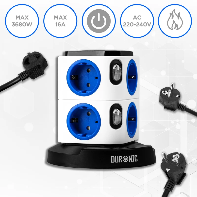 Duronic ET8L Multipresa Torre 3680W con 8 Prese Schuko + 3 USB + Luce LED Notturna Touch, Ciabatta Elettrica Verticale con Protezione Sovraccarico e Cavo 1.8m, Torre Multipresa USB Casa Ufficio