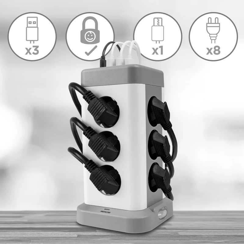 Duronic ET12C Multipresa Torre 3680W con 12 Prese Schuko + 4 USB (USB-A + USB-C), Ciabatta Elettrica Verticale con Protezione Sovraccarico e Cavo 1.8m, Torre Multipresa USB Casa Ufficio Gaming TV