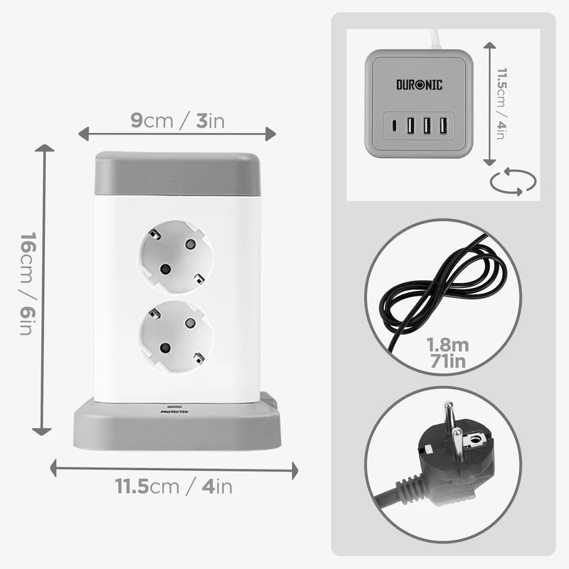 Duronic ET8C Multipresa Torre 3680W con 8 Prese Schuko + 3 USB-A + USB-C + Ricarica 4 Porte USB, Ciabatta Elettrica Verticale con Protezione Sovraccarico e Cavo 1.8m, Torre Multipresa Casa Ufficio