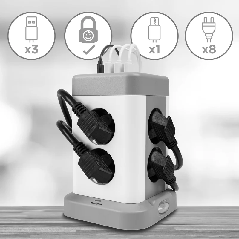 Duronic ET8C Multipresa Torre 3680W con 8 Prese Schuko + 3 USB-A + USB-C + Ricarica 4 Porte USB, Ciabatta Elettrica Verticale con Protezione Sovraccarico e Cavo 1.8m, Torre Multipresa Casa Ufficio