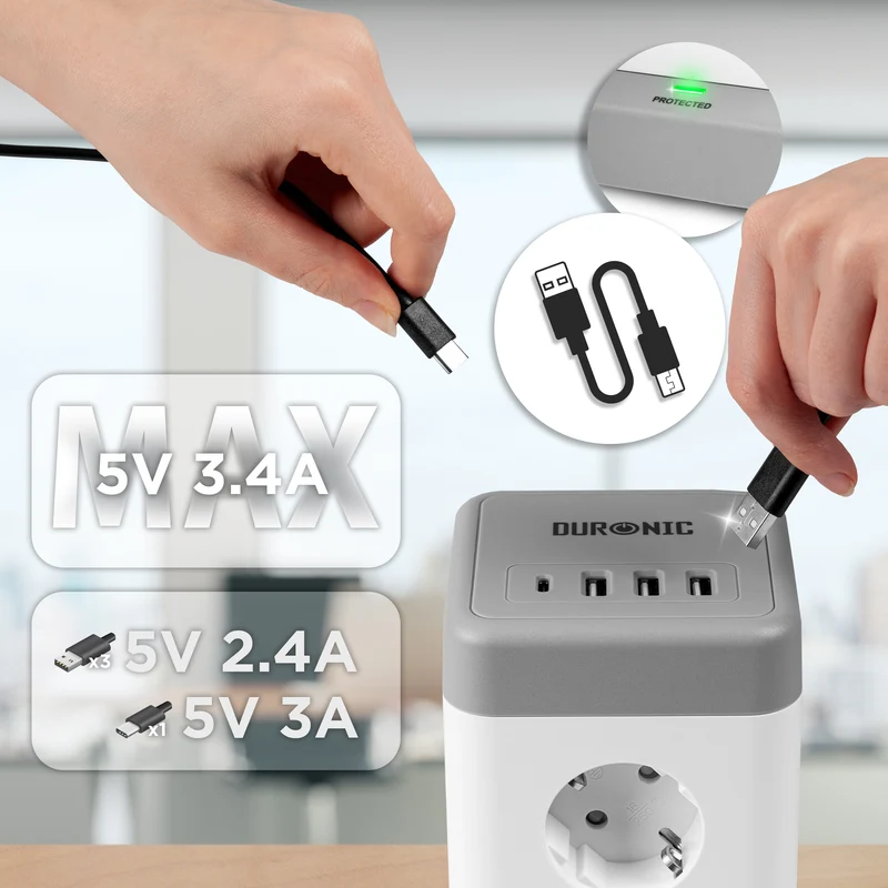 Duronic ET8C Multipresa Torre 3680W con 8 Prese Schuko + 3 USB-A + USB-C + Ricarica 4 Porte USB, Ciabatta Elettrica Verticale con Protezione Sovraccarico e Cavo 1.8m, Torre Multipresa Casa Ufficio