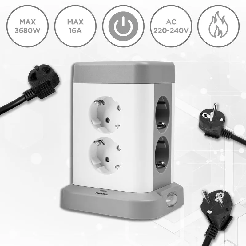 Duronic ET8C Multipresa Torre 3680W con 8 Prese Schuko + 3 USB-A + USB-C + Ricarica 4 Porte USB, Ciabatta Elettrica Verticale con Protezione Sovraccarico e Cavo 1.8m, Torre Multipresa Casa Ufficio