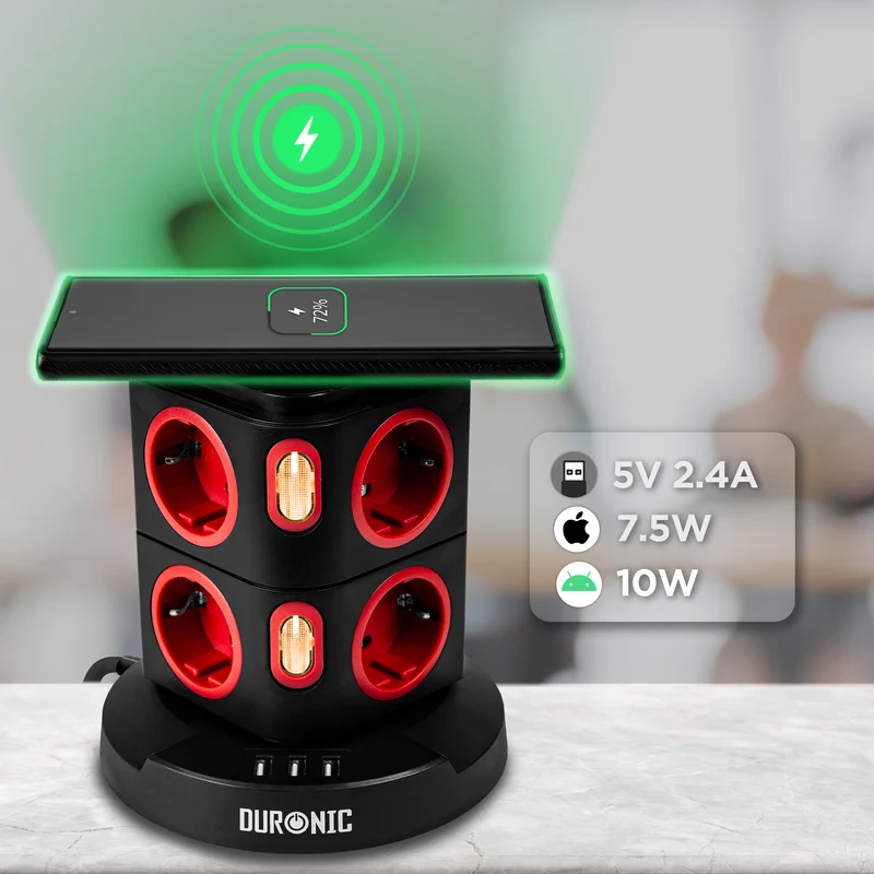 Duronic ET8W Multipresa Torre 3680W con 8 Prese Schuko + 3 USB + Ricarica Wireless 10W, Ciabatta Elettrica Verticale con Protezione Sovraccarico e Cavo 1.8m, Torre Multipresa USB Casa Ufficio