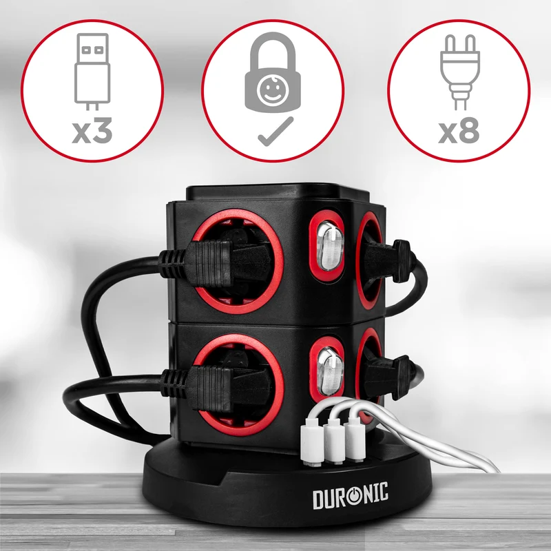Duronic ET8W Multipresa Torre 3680W con 8 Prese Schuko + 3 USB + Ricarica Wireless 10W, Ciabatta Elettrica Verticale con Protezione Sovraccarico e Cavo 1.8m, Torre Multipresa USB Casa Ufficio