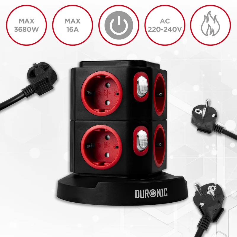 Duronic ET8W Multipresa Torre 3680W con 8 Prese Schuko + 3 USB + Ricarica Wireless 10W, Ciabatta Elettrica Verticale con Protezione Sovraccarico e Cavo 1.8m, Torre Multipresa USB Casa Ufficio