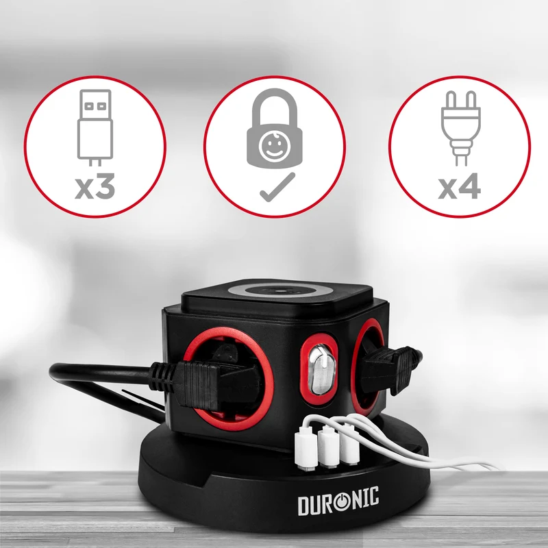 Duronic ET4W Multipresa Torre 3680W con 4 Prese Schuko + 3 USB + Ricarica Wireless 10W, Ciabatta Elettrica Verticale con Protezione Sovraccarico e Cavo 1.8m, Multipresa USB per Casa Ufficio Cucina TV
