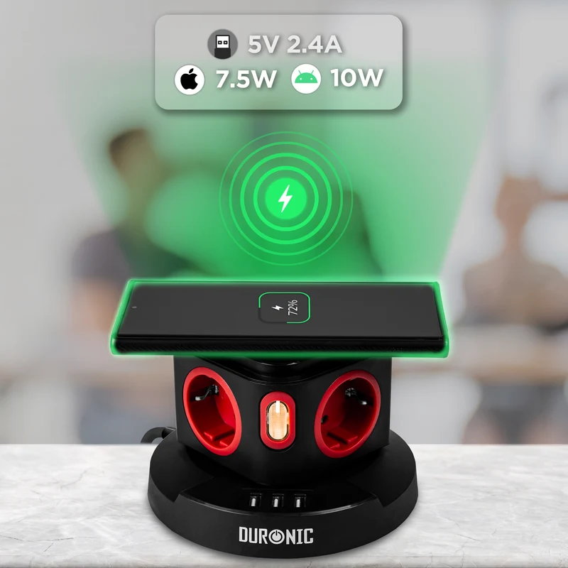 Duronic ET4W Multipresa Torre 3680W con 4 Prese Schuko + 3 USB + Ricarica Wireless 10W, Ciabatta Elettrica Verticale con Protezione Sovraccarico e Cavo 1.8m, Multipresa USB per Casa Ufficio Cucina TV