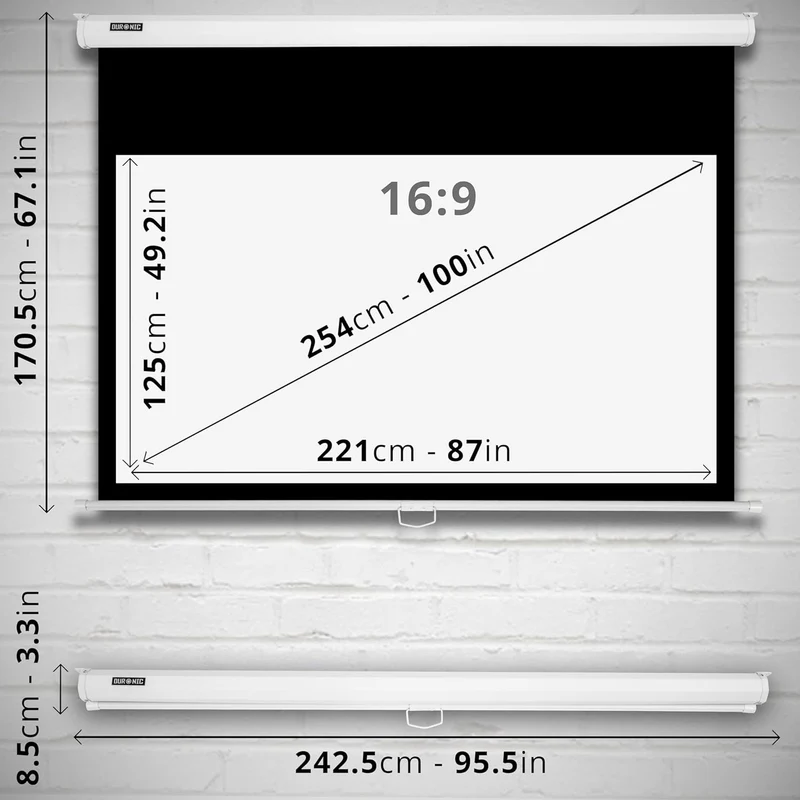 Duronic MPS100 WE 16/9 Schermo di proiezione 100 formato 16:9 / 125 x 221 cm telo da proiezione a sviluppo manuale - Fissaggio a muro o a soffitto - Full HD 3D 4K - Home cinema home theater ufficio