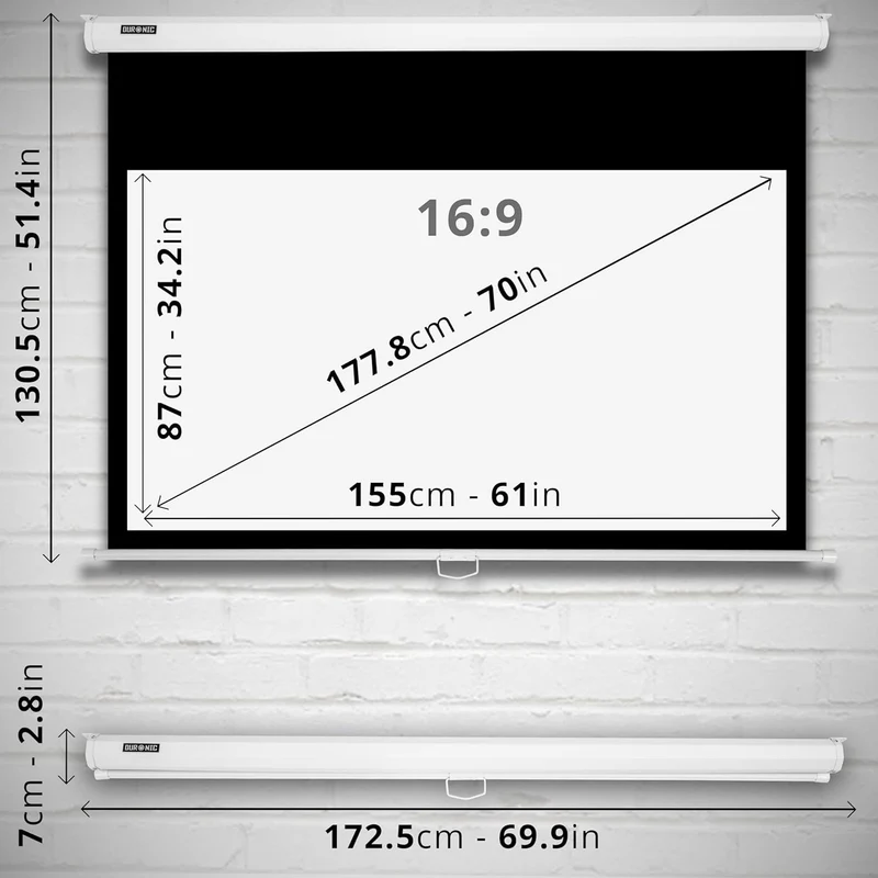 Duronic MPS70 16:9 Telo Proiettore 70 pollici, Schermo per proiettore, Telo da proiezione interno esterno, Home theater cinema Full HD 3D 4K, Schermo di proiezione anti pieghe per casa ufficio scuola