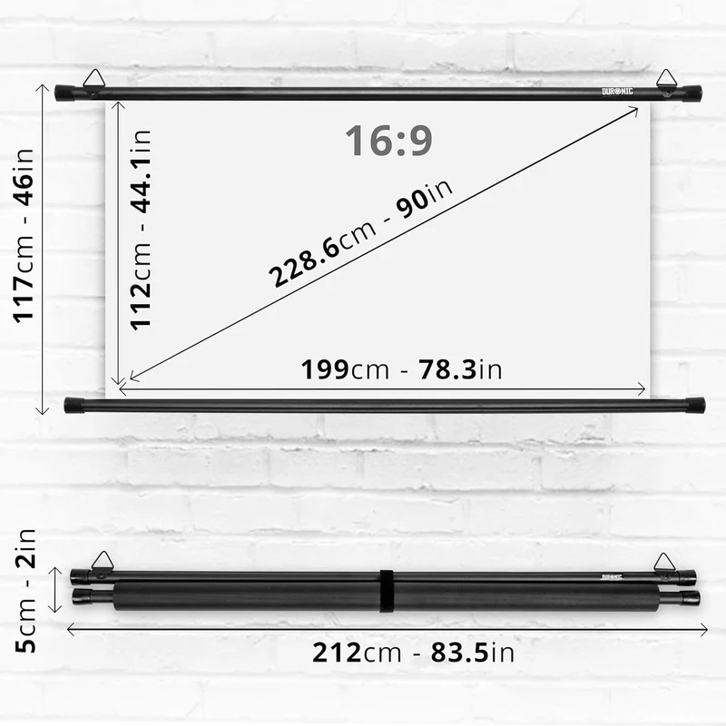 Duronic BPS90 16:9 Telo Proiettore 90 pollici, Schermo per proiettore, Telo da proiezione interno esterno, Home theater cinema Full HD 3D 4K, Schermo di proiezione anti pieghe per casa ufficio scuola