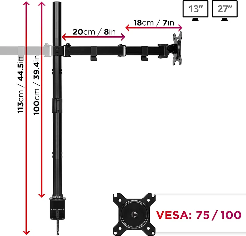 Duronic DMT152 BK Supporto da scrivania per monitor 13"-27" | Per 2 schermi fino a 8kg | Altezza regolabile | Staffa da 100 cm | Inclinazione +90°/-35°, rotazione 180°, rotazione 360°| VESA 75/100