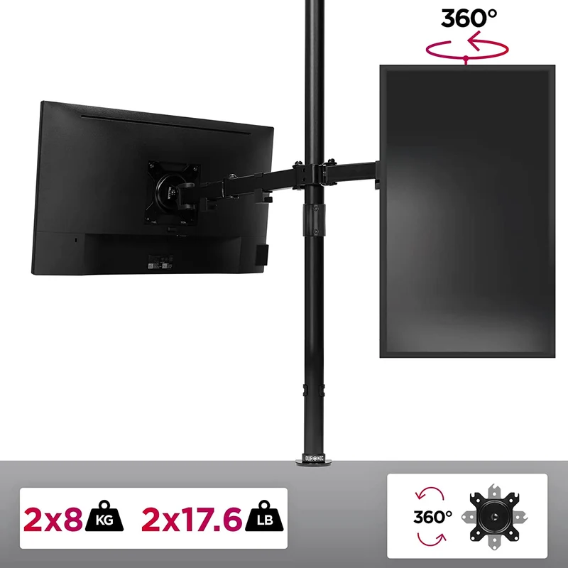 Duronic DMT152 BK Supporto da scrivania per monitor 13"-27" | Per 2 schermi fino a 8kg | Altezza regolabile | Staffa da 100 cm | Inclinazione +90°/-35°, rotazione 180°, rotazione 360°| VESA 75/100
