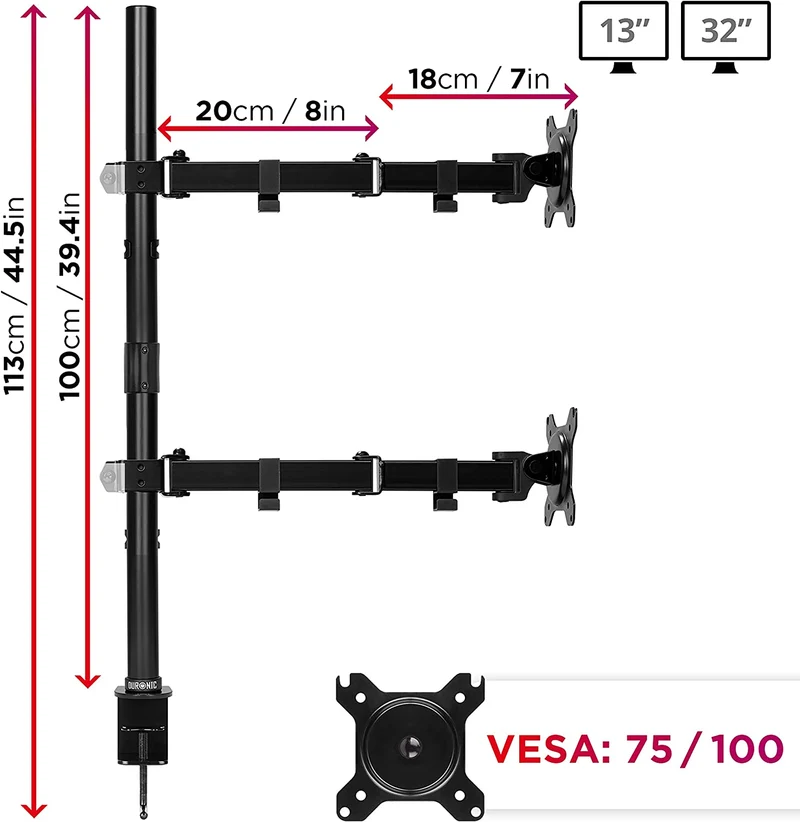 Duronic DMT152VX2 BK Supporto da scrivania per monitor 13"-32" | Per 2 schermi fino a 8kg | Altezza regolabile | Staffa da 100 cm | Inclinazione +90°/-35°, rotazione 180°, rotazione 360°| VESA 75/100