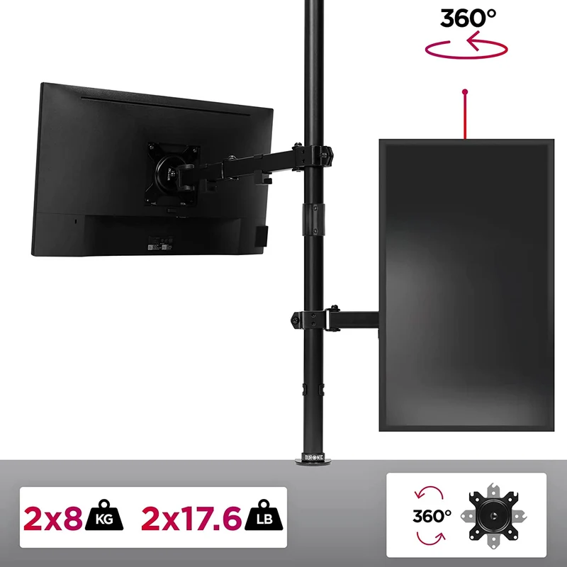 Duronic DMT152VX2 BK Supporto da scrivania per monitor 13"-32" | Per 2 schermi fino a 8kg | Altezza regolabile | Staffa da 100 cm | Inclinazione +90°/-35°, rotazione 180°, rotazione 360°| VESA 75/100