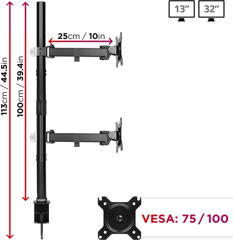 Duronic DMT152VX1 BK Supporto da scrivania per monitor 13"-32" | Per 2 schermi fino a 8kg | Altezza regolabile | Staffa da 100 cm | Inclinazione +90°/-35°, rotazione 180°, rotazione 360°| VESA 75/100