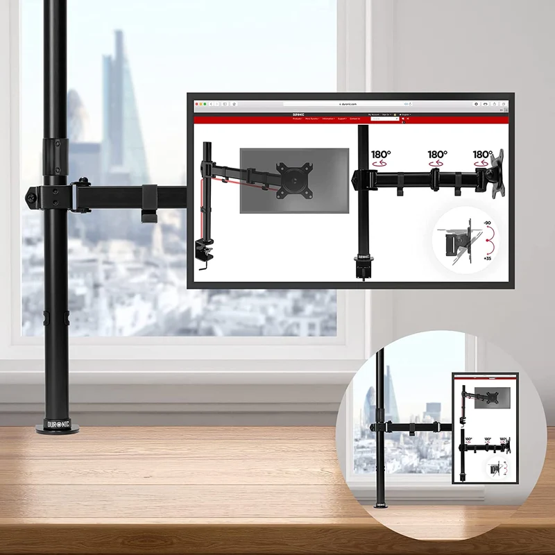 Duronic DMT151X3 BK Supporto da scrivania per monitor 1332 | 8 kg con braccio estensore | Altezza regolabile | Inclinazione -15°/+15°, rotazione 180°, rotazione 360°| VESA 75/100