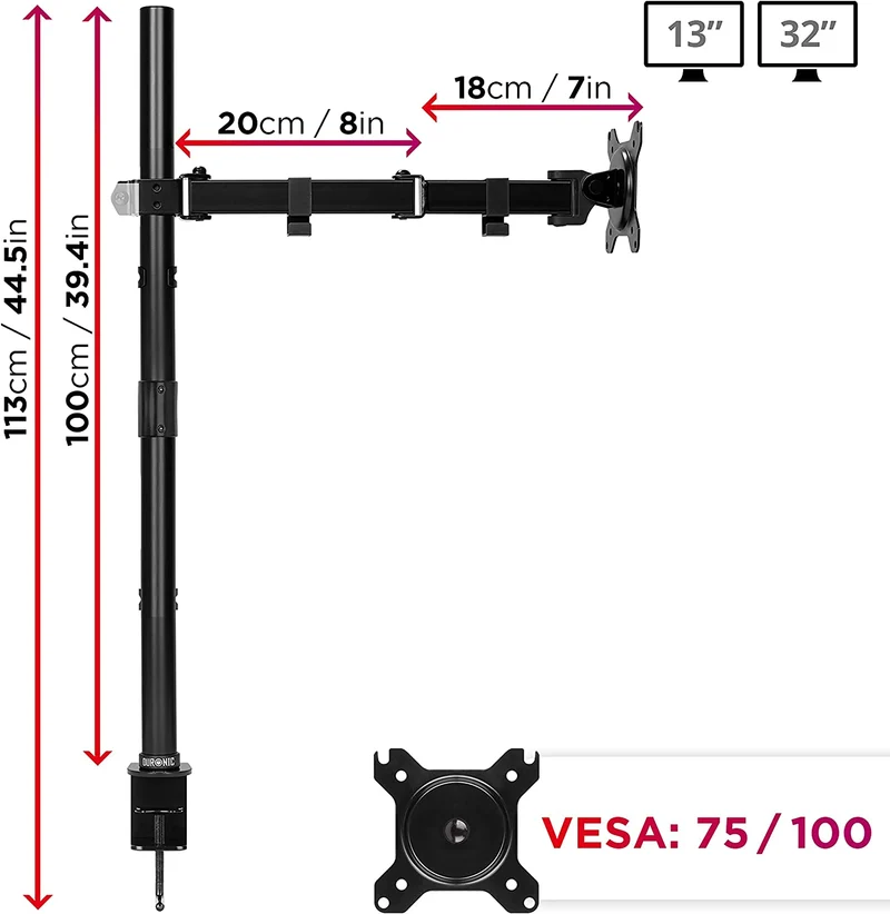 Duronic DMT151X3 BK Supporto da scrivania per monitor 1332 | 8 kg con braccio estensore | Altezza regolabile | Inclinazione -15°/+15°, rotazione 180°, rotazione 360°| VESA 75/100